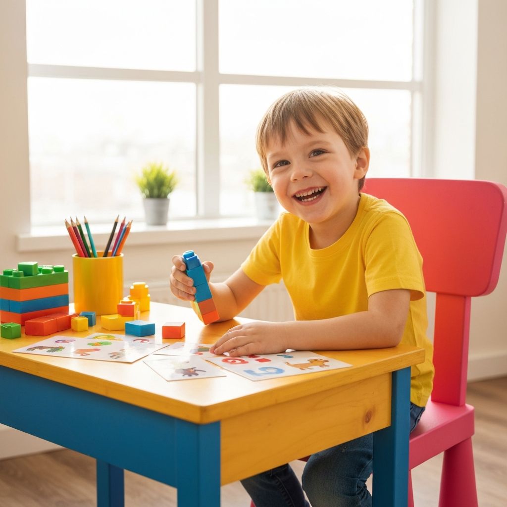 Happy preschool child engaged in learning activities at desk